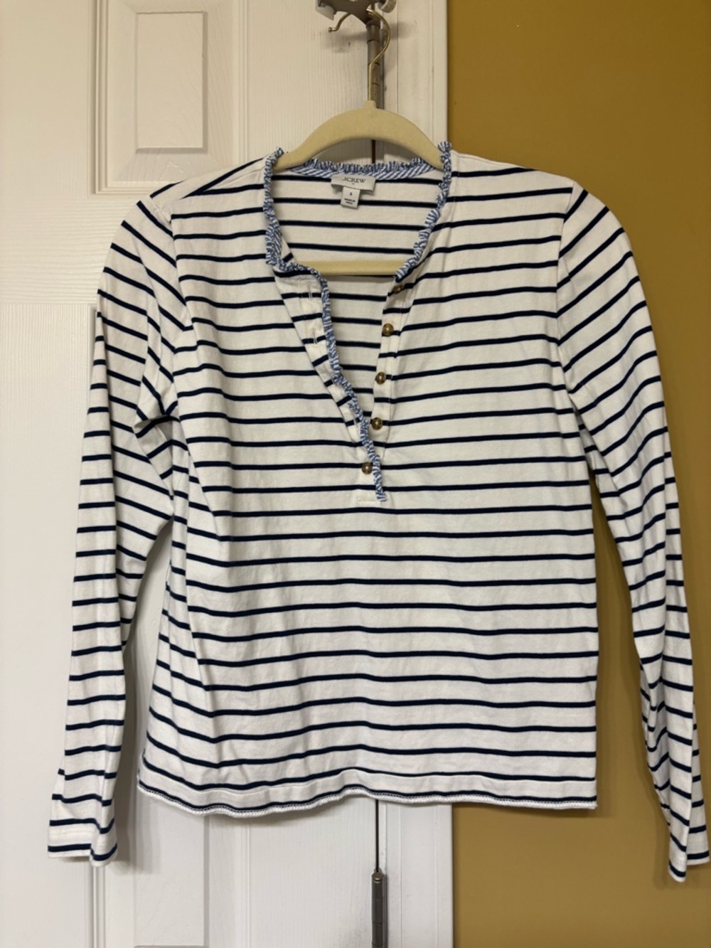 J. Crew White and Navy Striped Long-Sleeve Henley Top